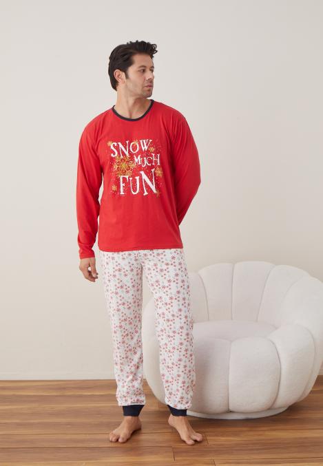 Pijama barbati Craciun "SNOW MUCH FUN" , maneca lunga ,pantaloni lungi,Culoare Rosu ,Engros
